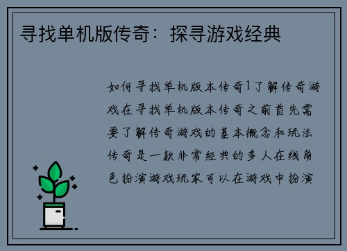 寻找单机版传奇：探寻游戏经典